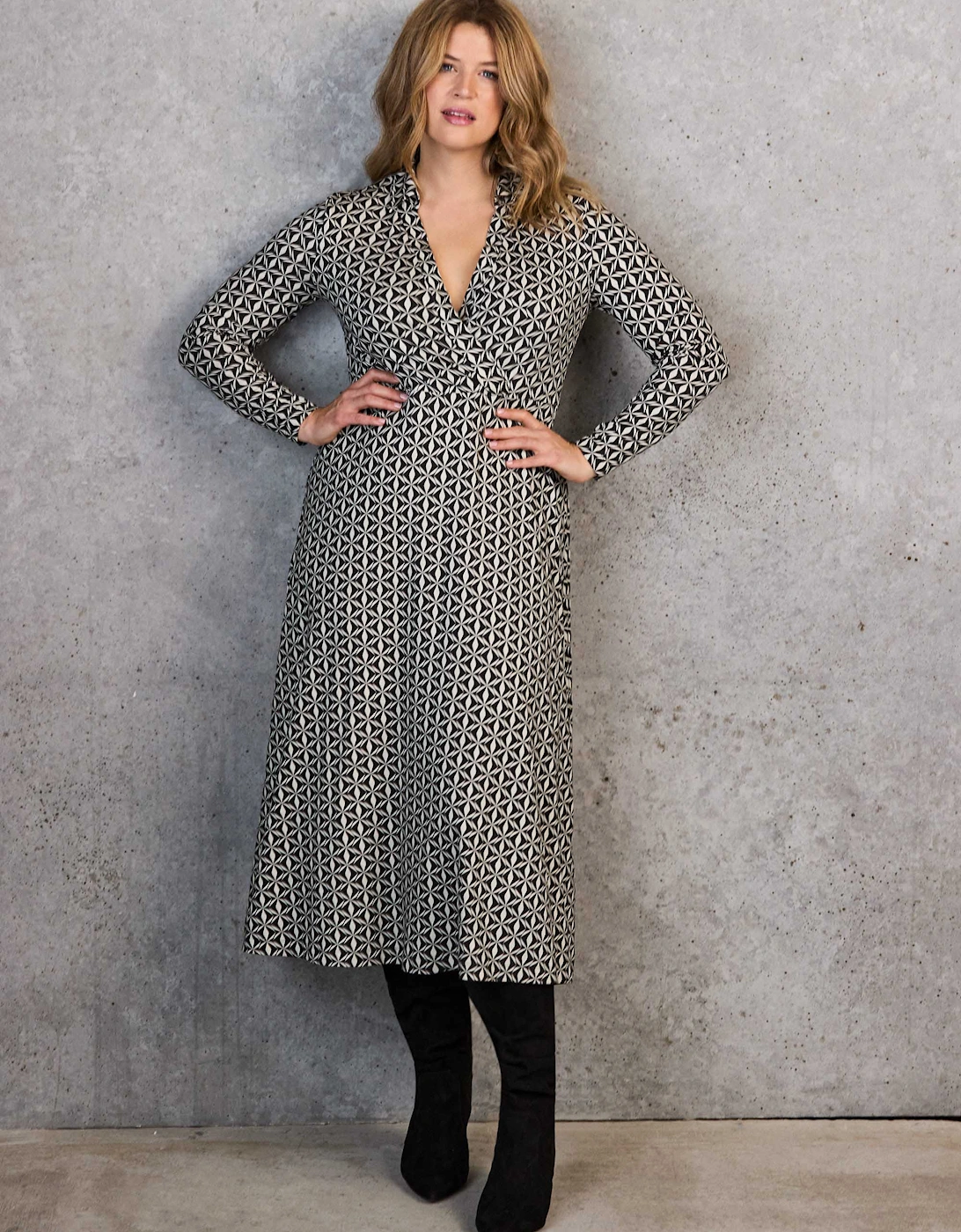 Black Geo Print Collar Wrap Jersey Dress