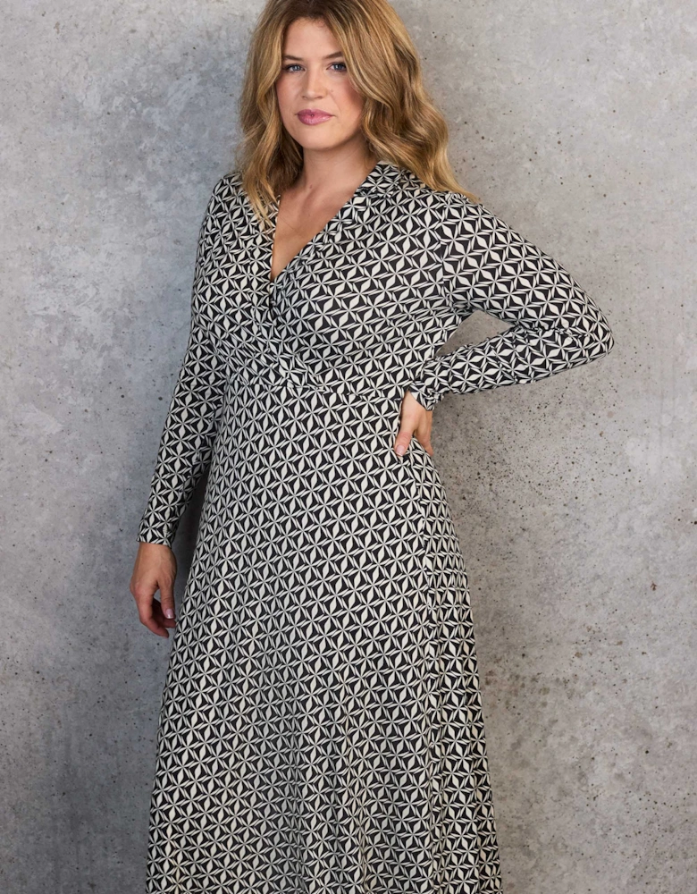 Black Geo Print Collar Wrap Jersey Dress
