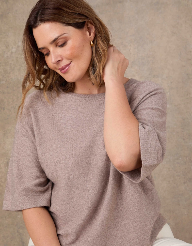 Oatmeal Short Sleeve Knitted Jumper With Cashmere