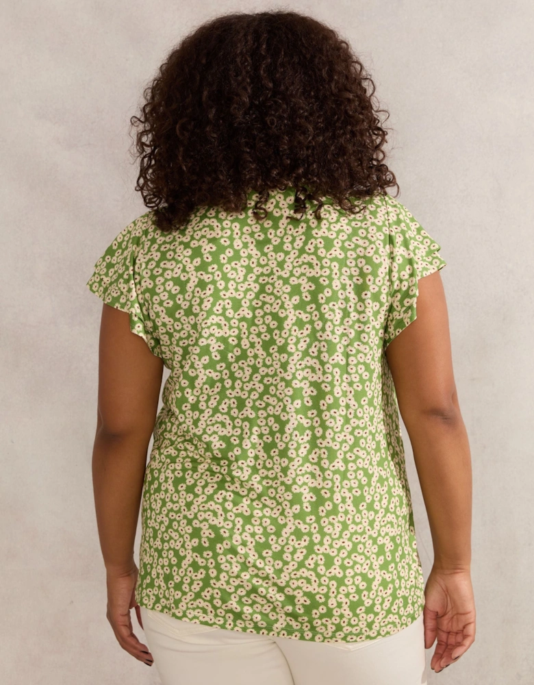 Green Ditsy Jersey Flutter Sleeve Top