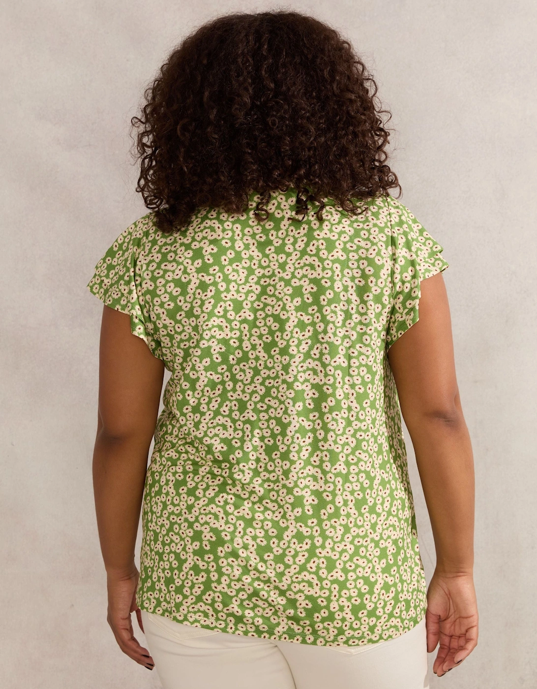 Green Ditsy Jersey Flutter Sleeve Top