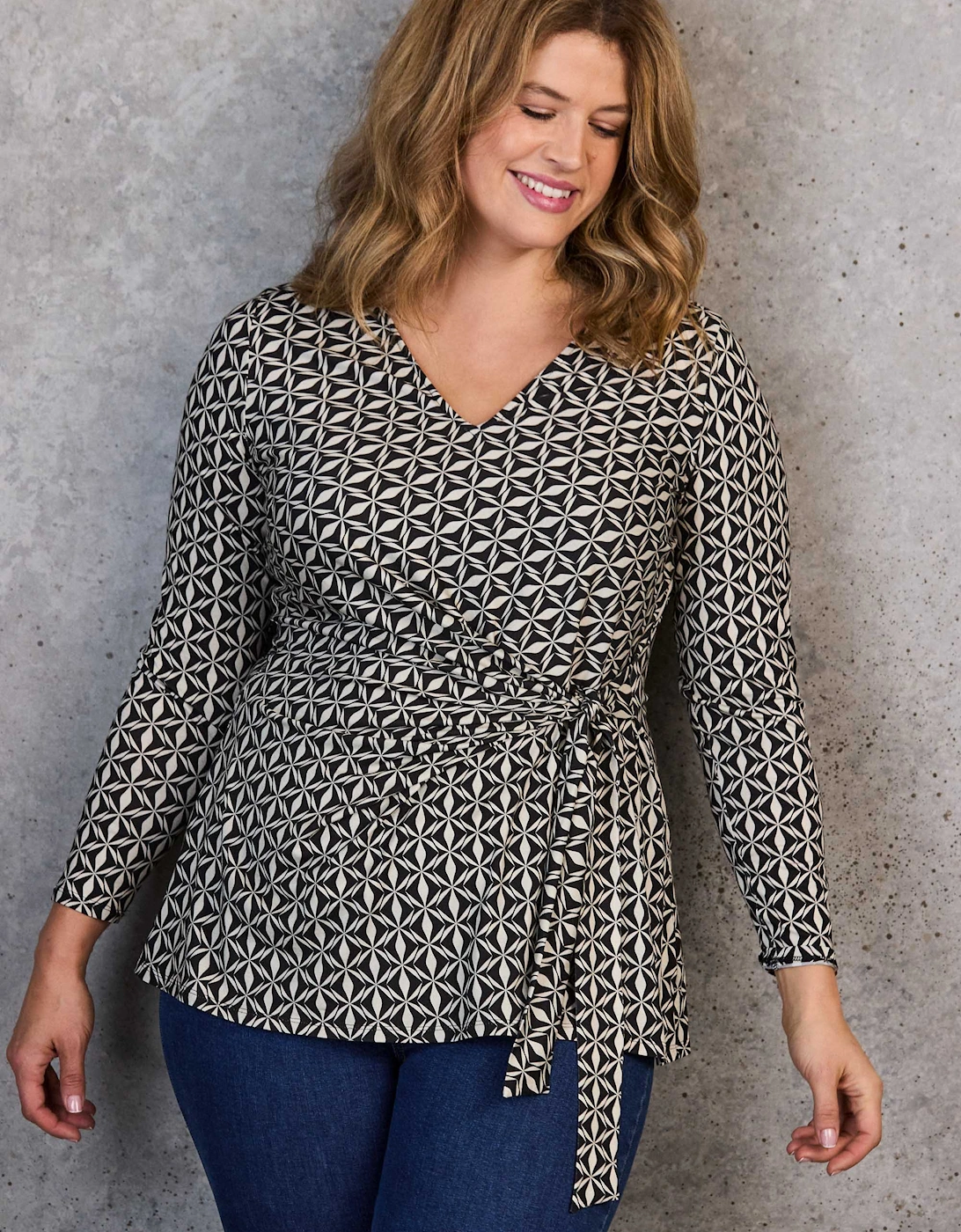 Black Geo Print V-Neck Side Tie Tunic