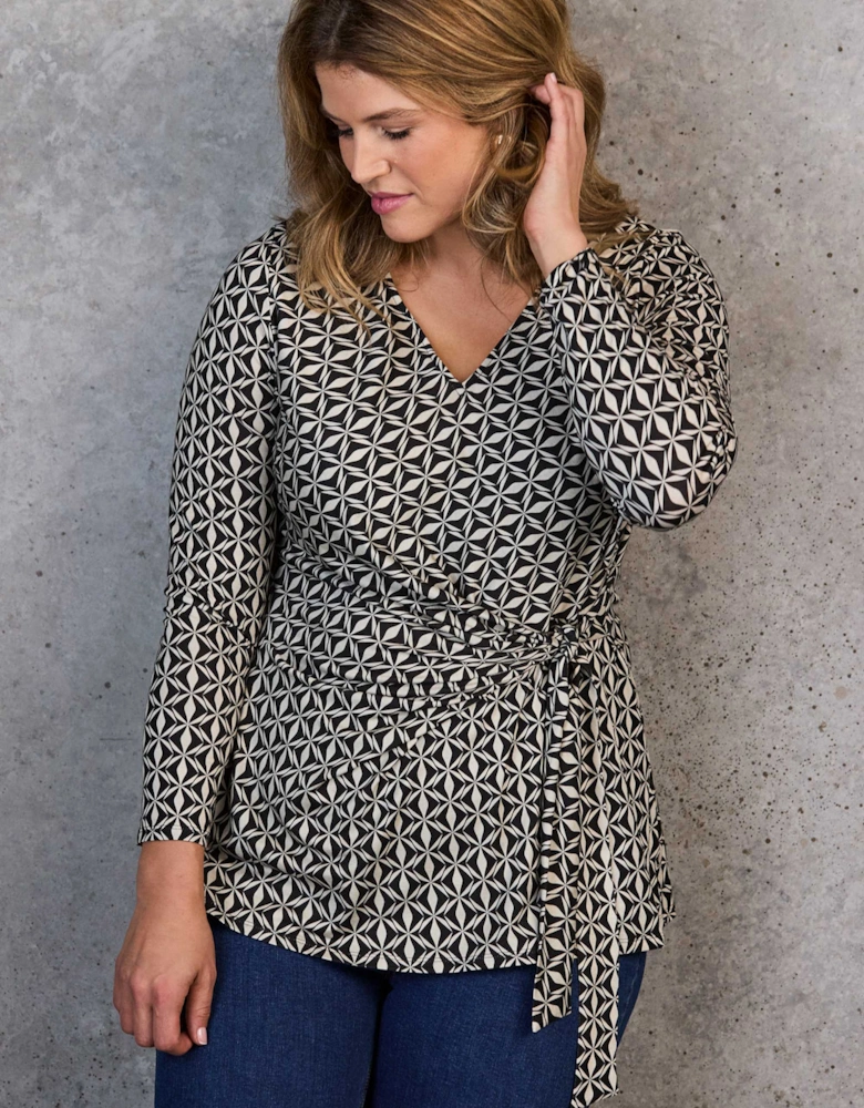 Black Geo Print V-Neck Side Tie Tunic