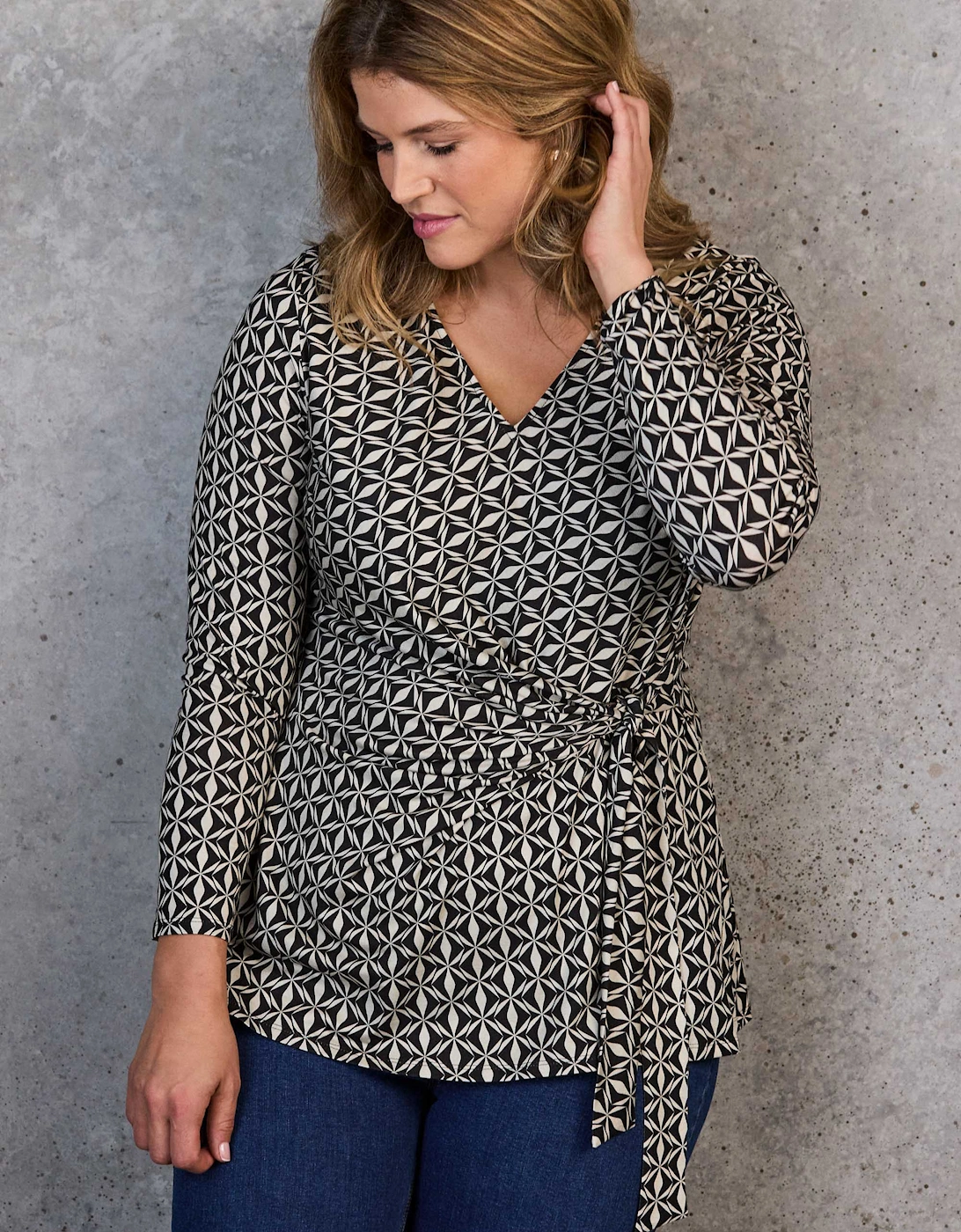 Black Geo Print V-Neck Side Tie Tunic