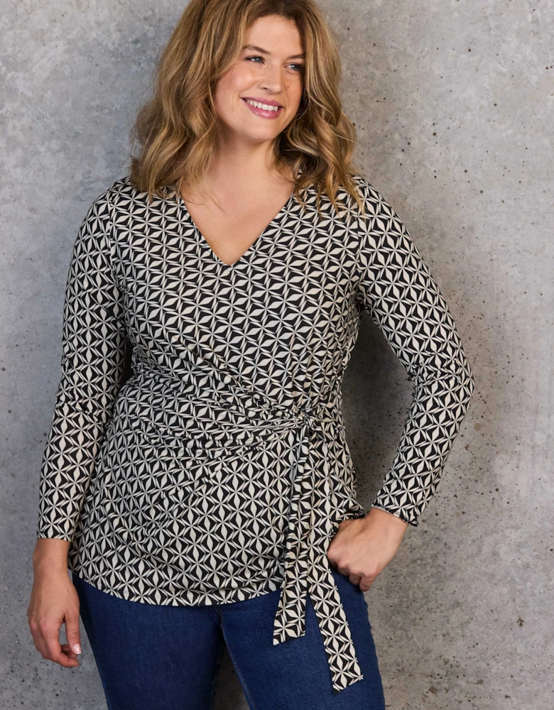 Black Geo Print V-Neck Side Tie Tunic