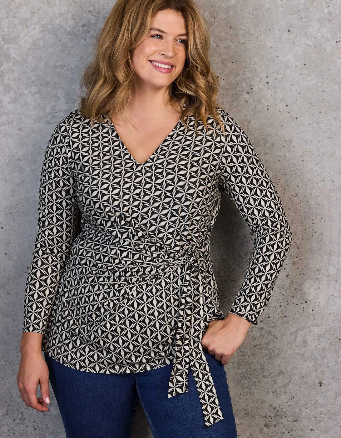 Black Geo Print V-Neck Side Tie Tunic