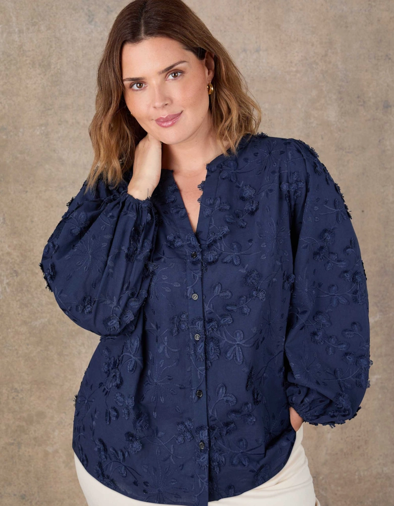 Navy Floral Applique Puff Sleeve Blouse