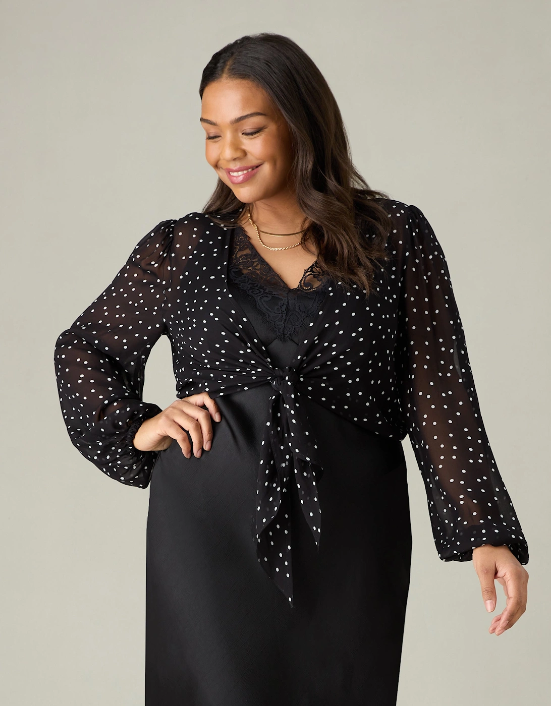 Live Unlimited London Live Unlimited London Women's Mono Spot Print Tie Front Cover Up - Black/Multi