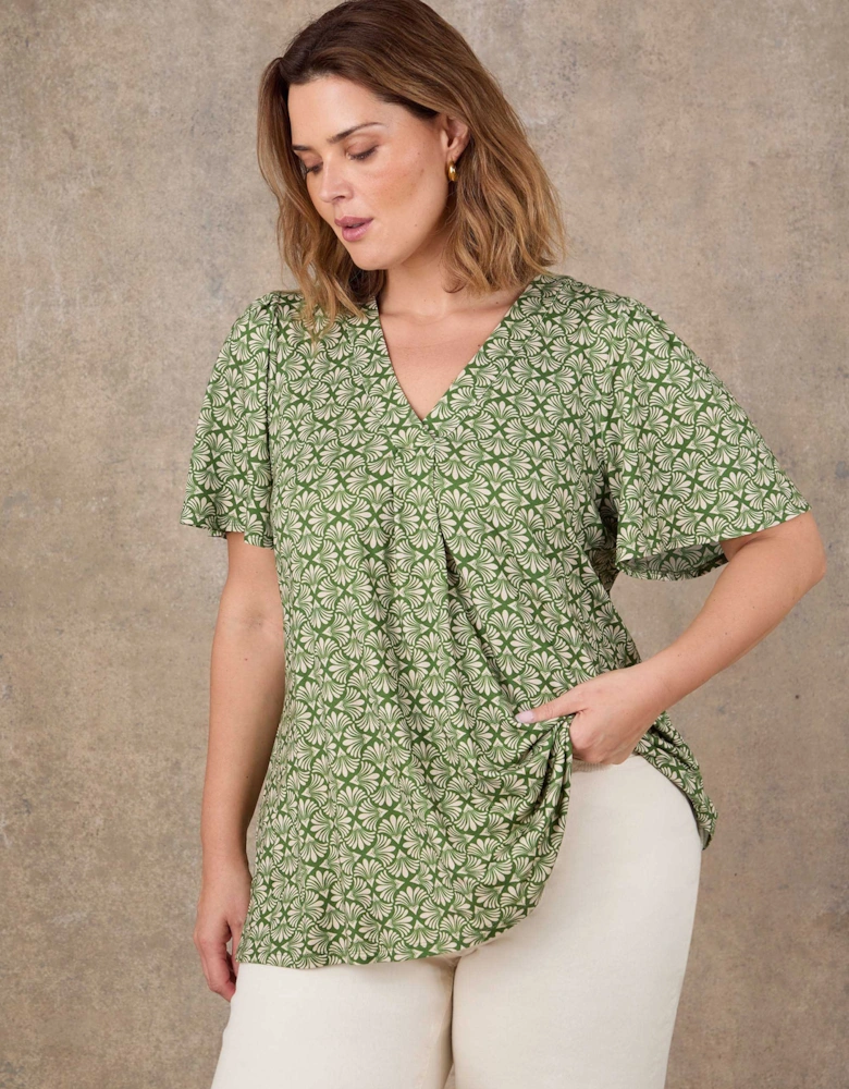 Green Geo Print Flutter Sleeve Pleat Front Top