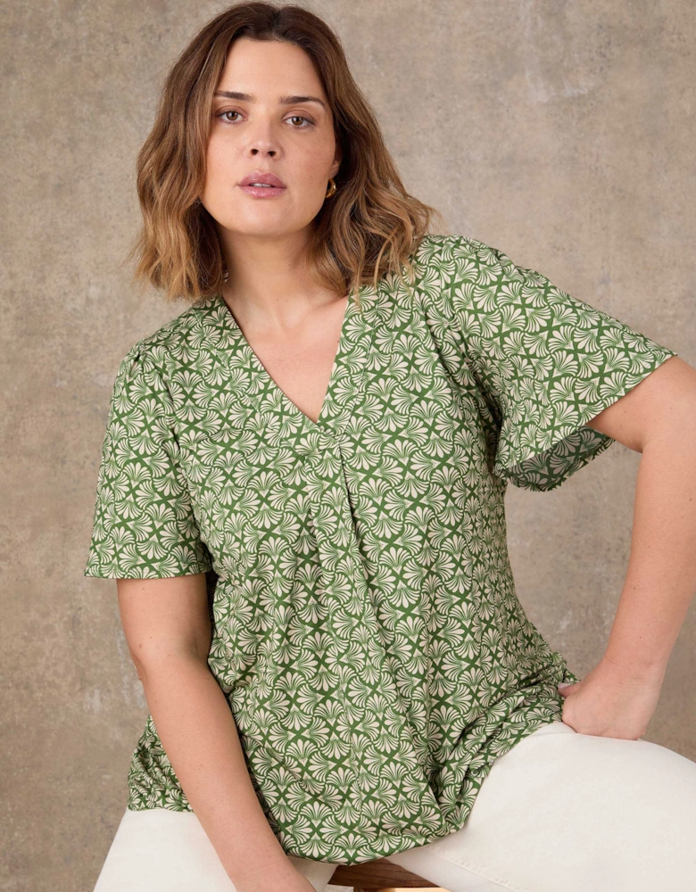 Green Geo Print Flutter Sleeve Pleat Front Top