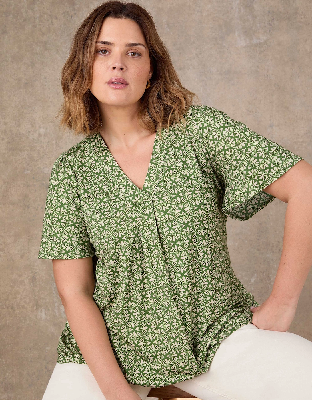 Green Geo Print Flutter Sleeve Pleat Front Top, 6 of 5