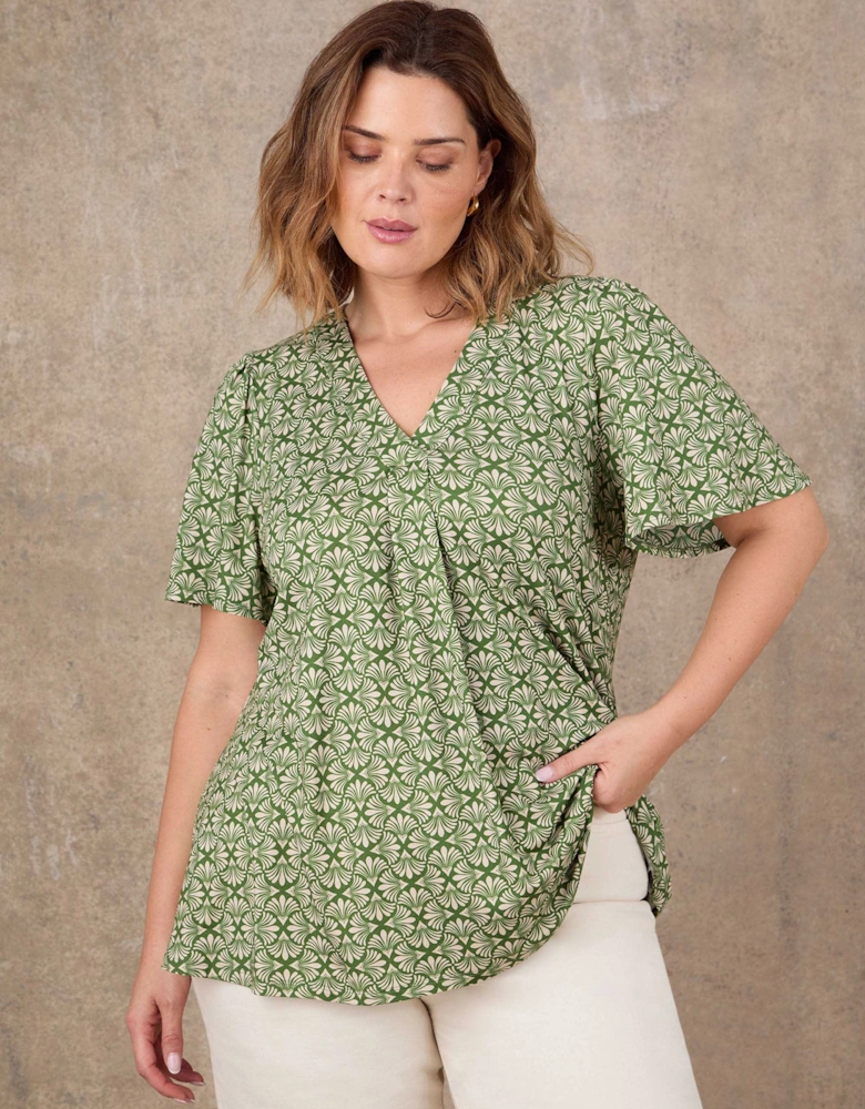 Green Geo Print Flutter Sleeve Pleat Front Top
