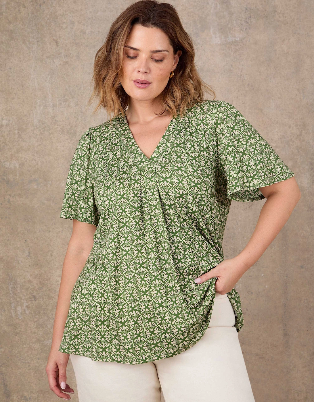 Green Geo Print Flutter Sleeve Pleat Front Top
