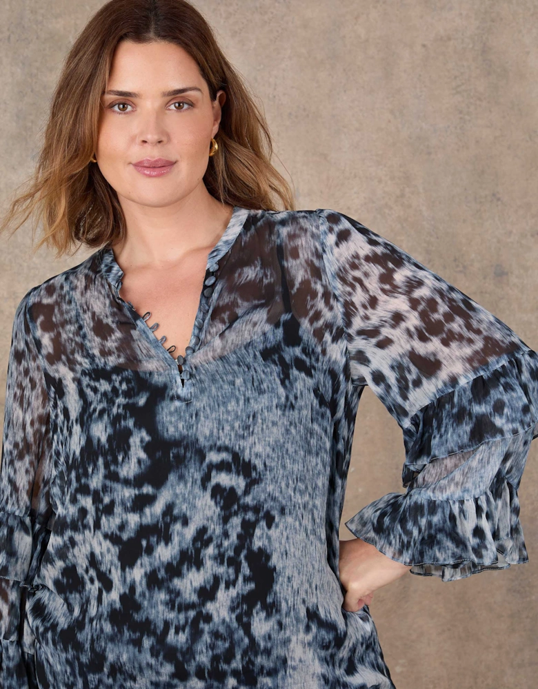 Multi Abstract Print Frill Sleeve Blouse