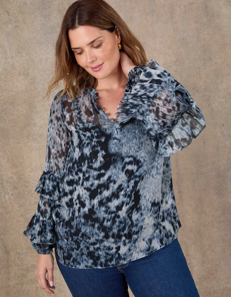 Multi Abstract Print Frill Sleeve Blouse