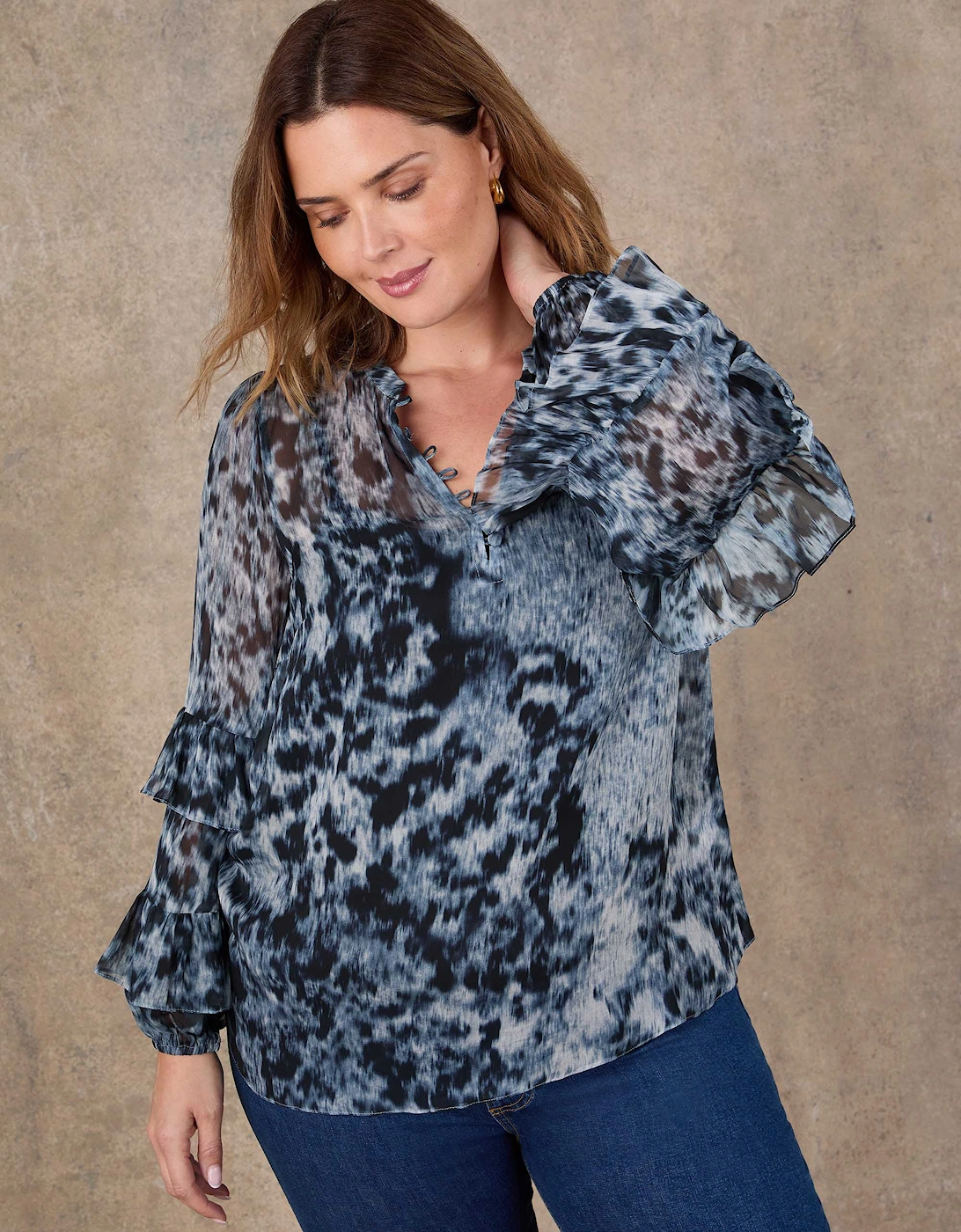 Multi Abstract Print Frill Sleeve Blouse