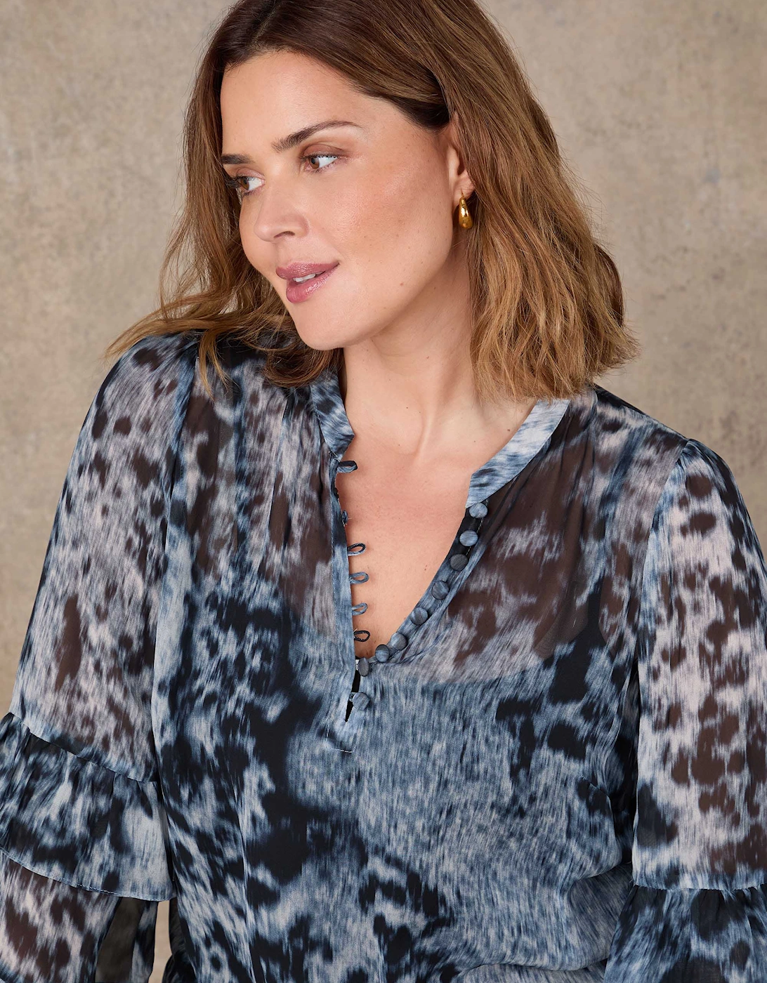 Multi Abstract Print Frill Sleeve Blouse