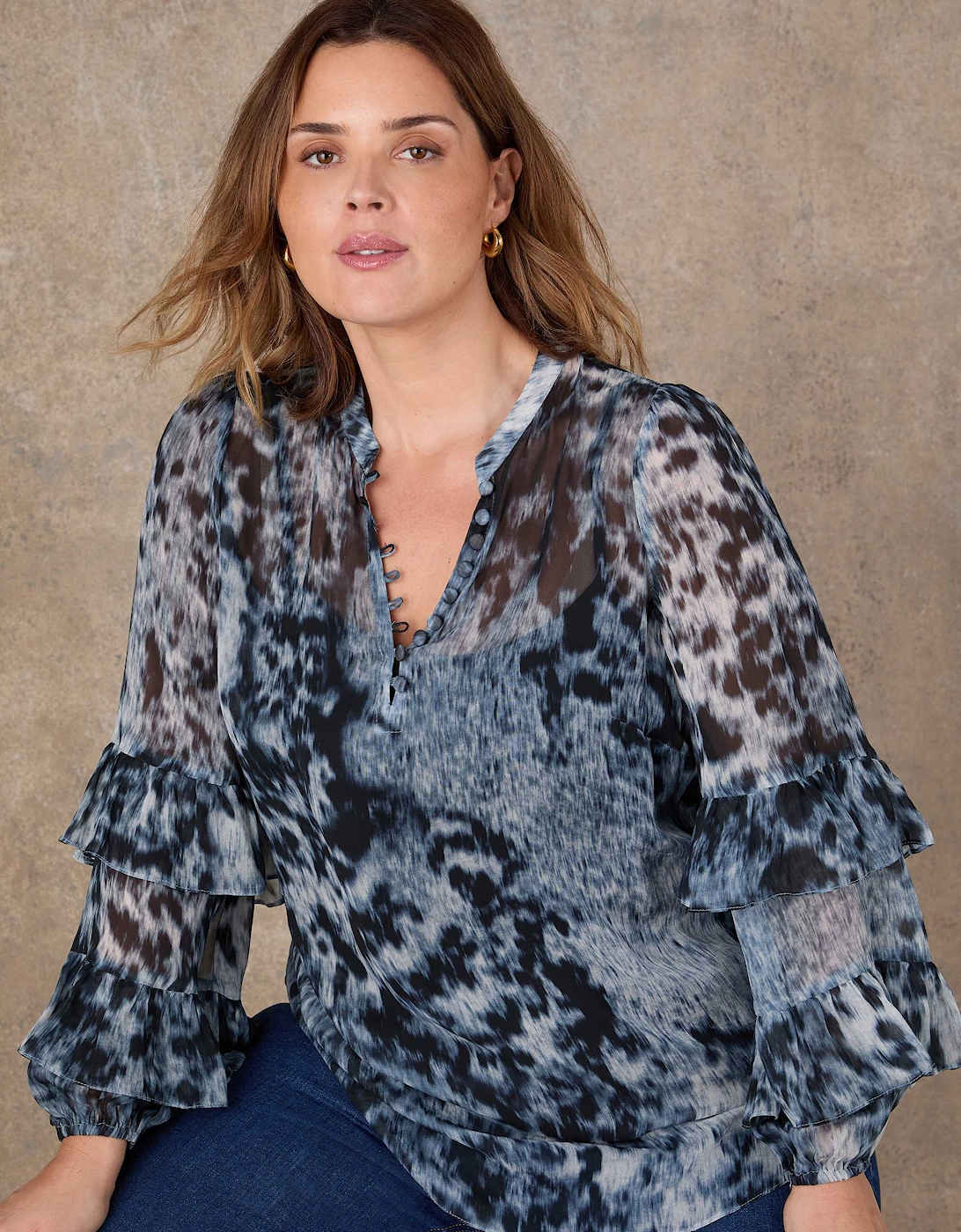 Multi Abstract Print Frill Sleeve Blouse