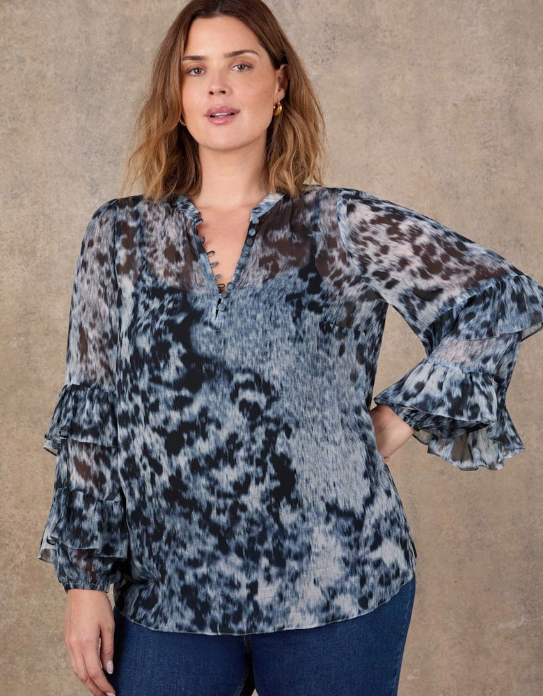 Multi Abstract Print Frill Sleeve Blouse