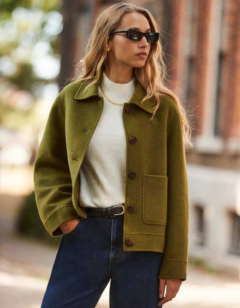 Khaki Double-Faced Boxy Jacket with Wool