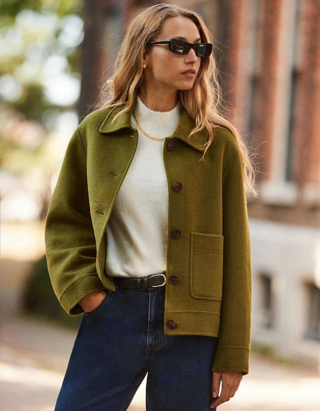 Khaki Double-Faced Boxy Jacket with Wool