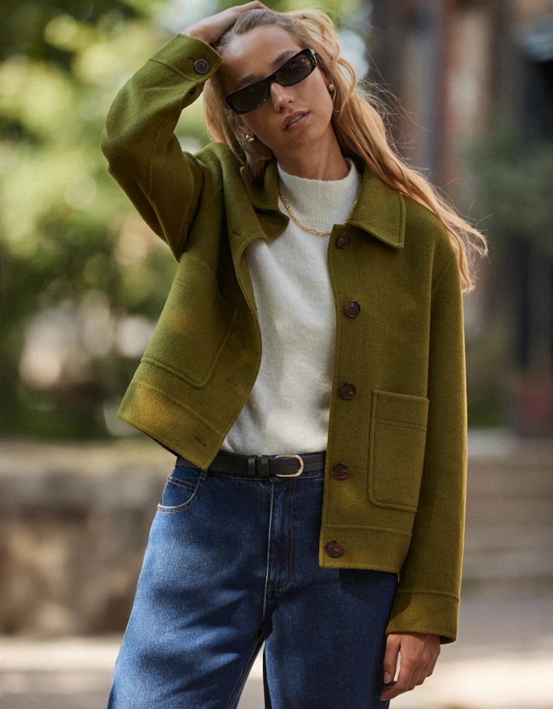 Khaki Double-Faced Boxy Jacket with Wool