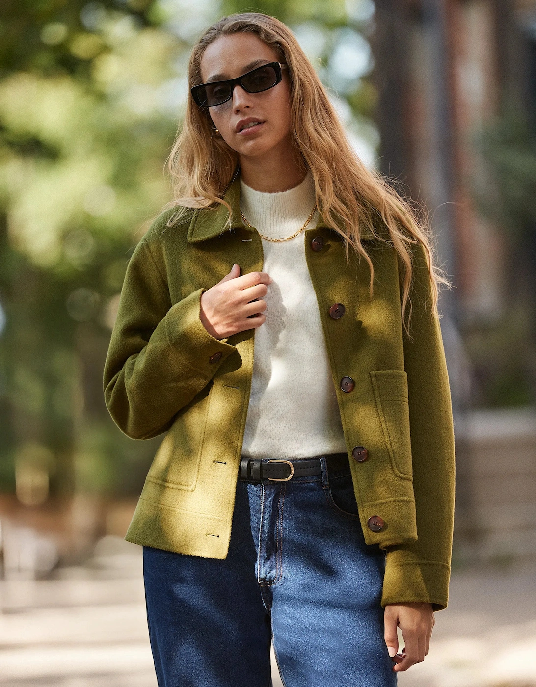 Khaki Double-Faced Boxy Jacket with Wool