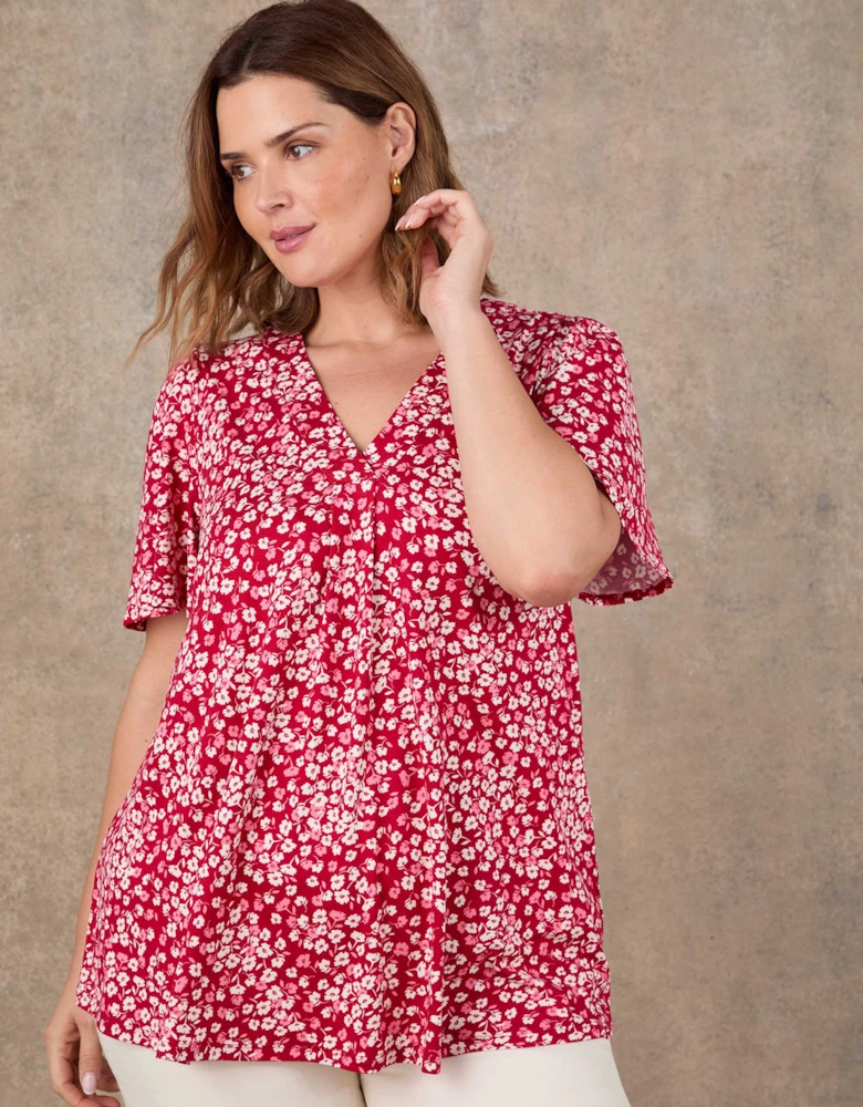 Red Ditsy Print Flutter Sleeve Pleat Front Top