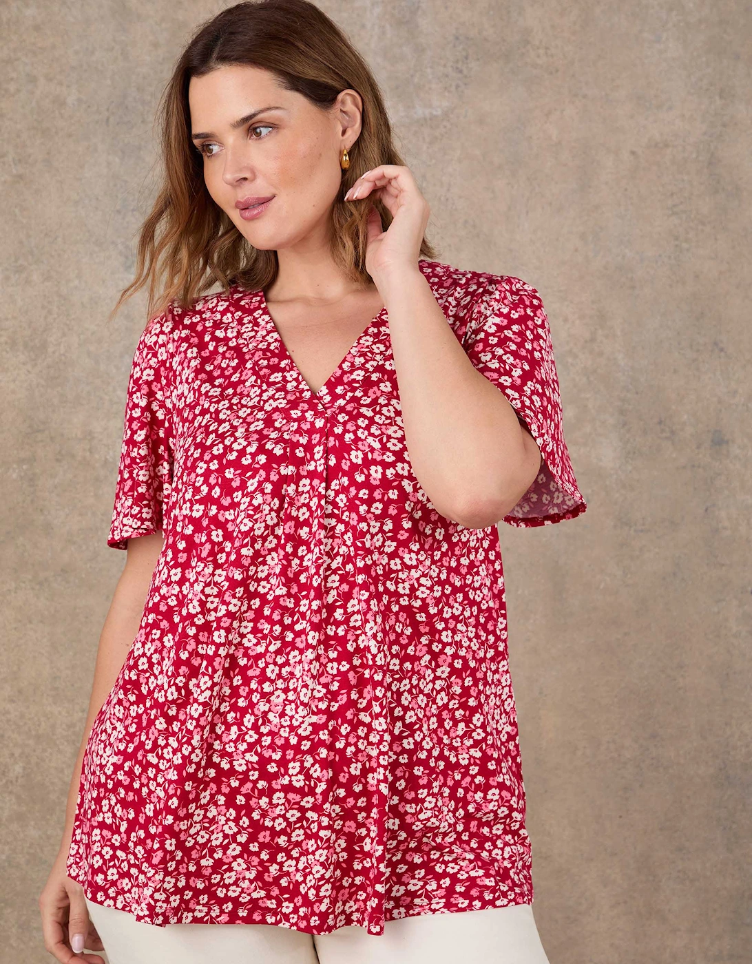 Red Ditsy Print Flutter Sleeve Pleat Front Top