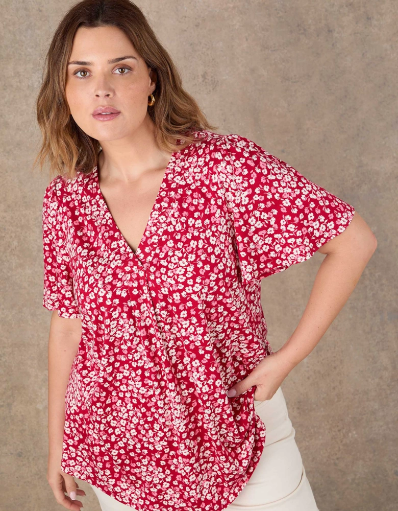 Red Ditsy Print Flutter Sleeve Pleat Front Top