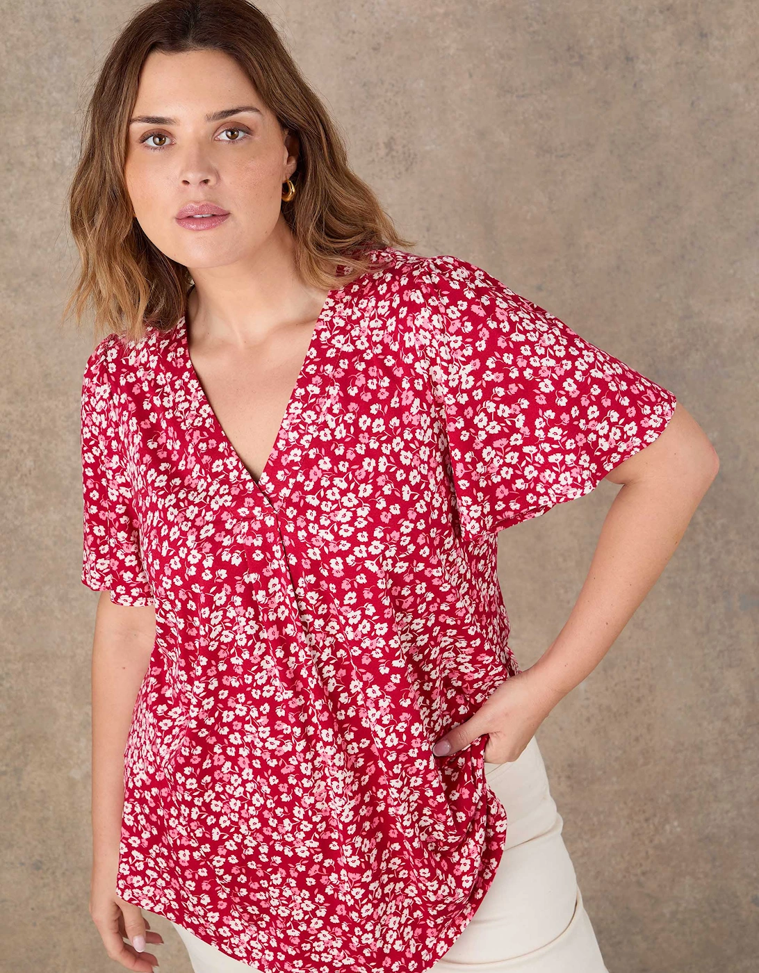 Red Ditsy Print Flutter Sleeve Pleat Front Top