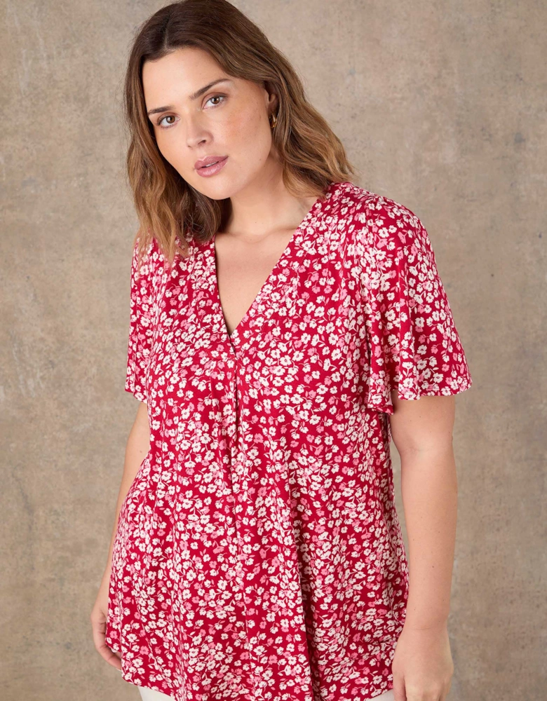 Red Ditsy Print Flutter Sleeve Pleat Front Top