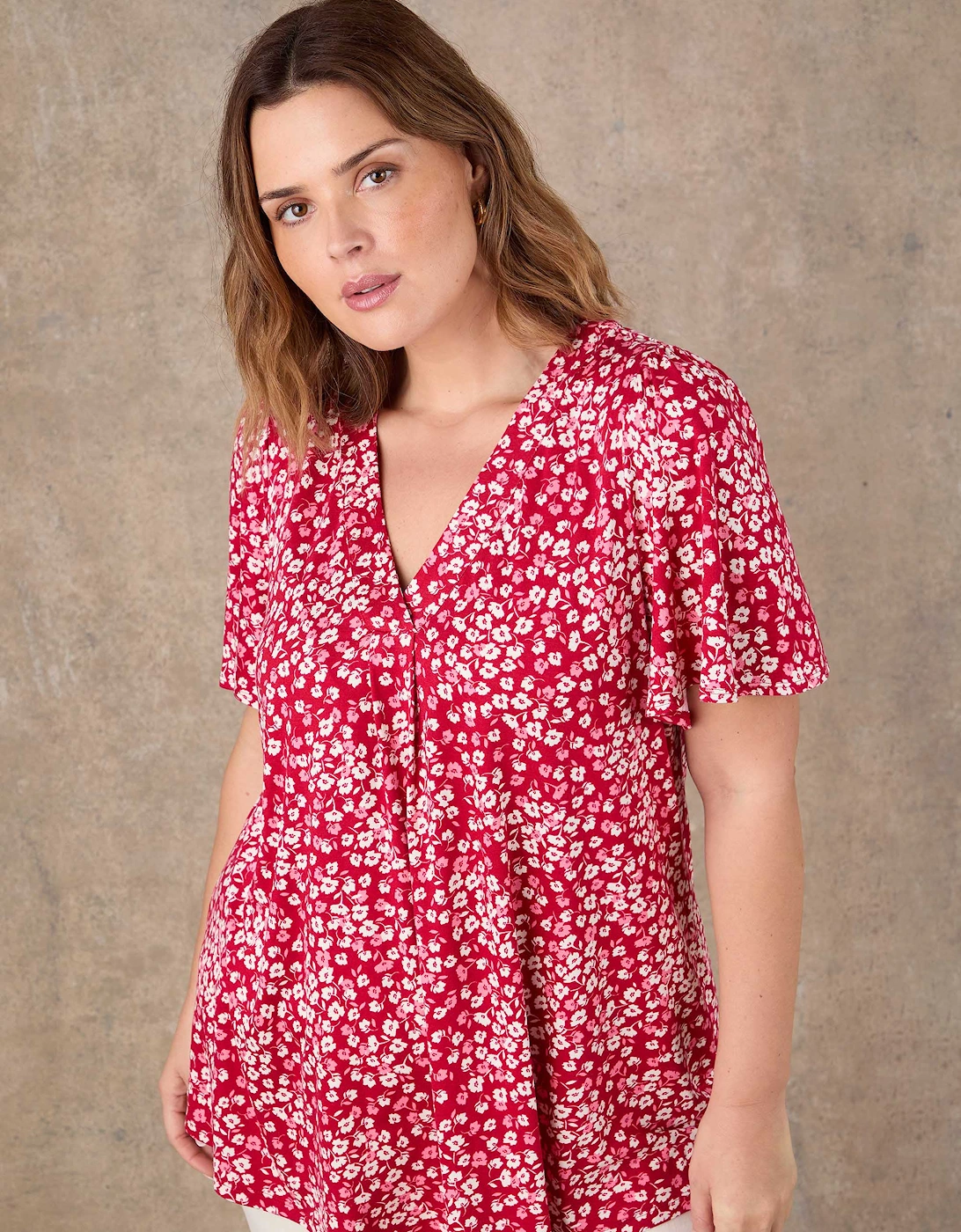 Red Ditsy Print Flutter Sleeve Pleat Front Top, 5 of 4