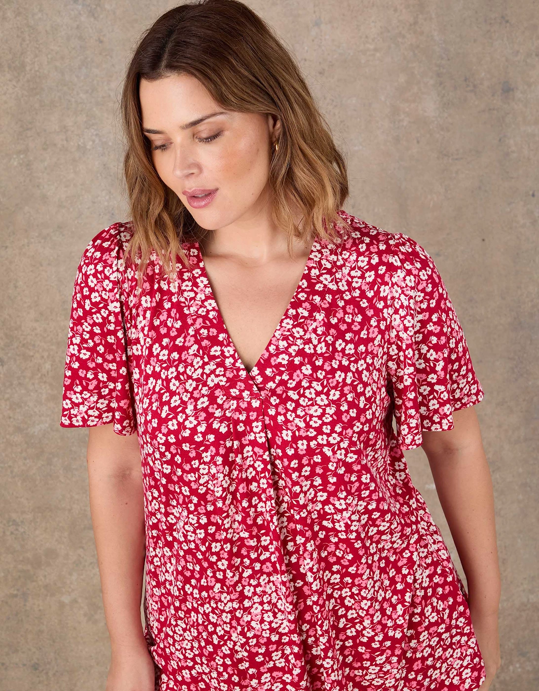 Red Ditsy Print Flutter Sleeve Pleat Front Top