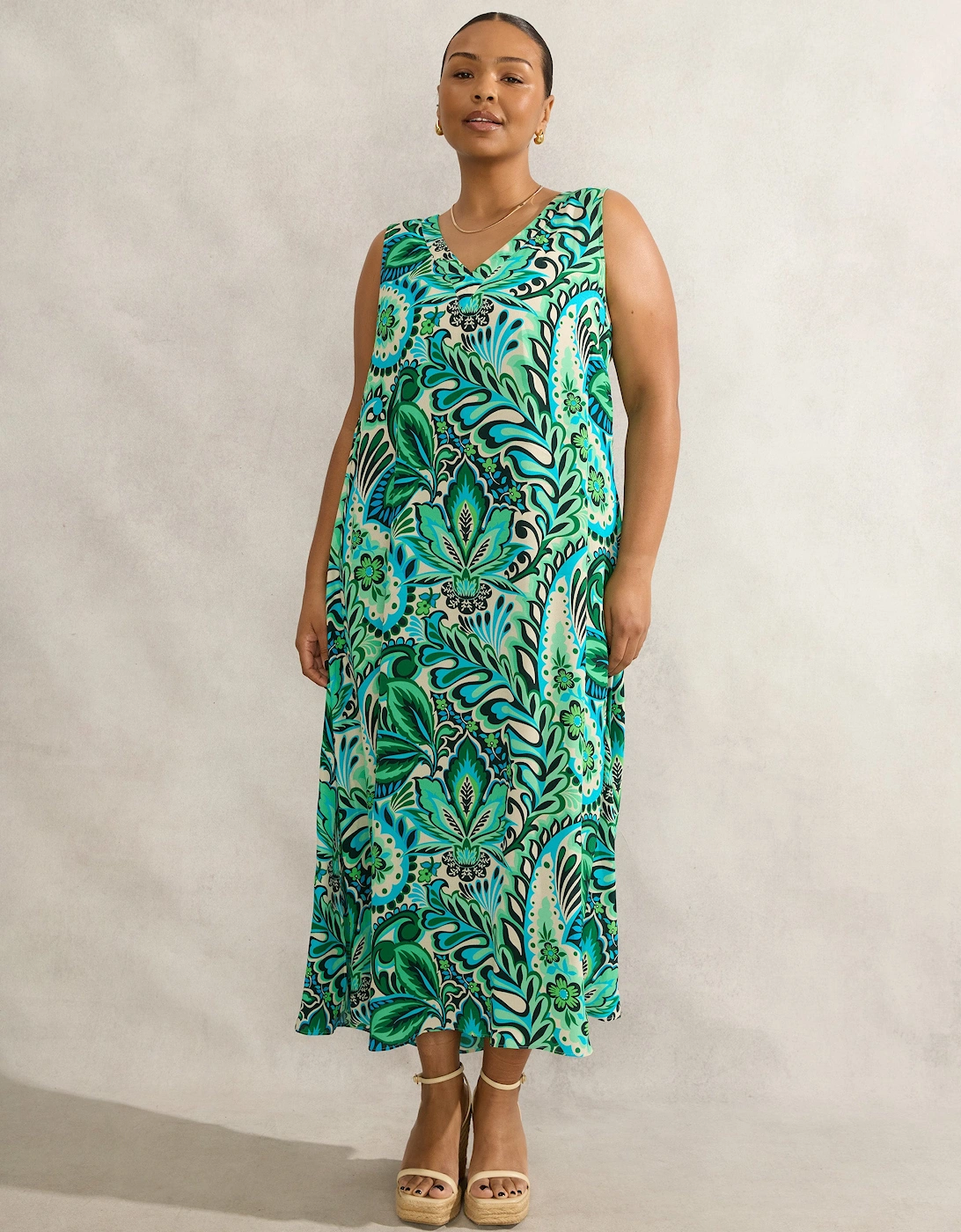 Green Paisley Print Sleeveless Midi Dress