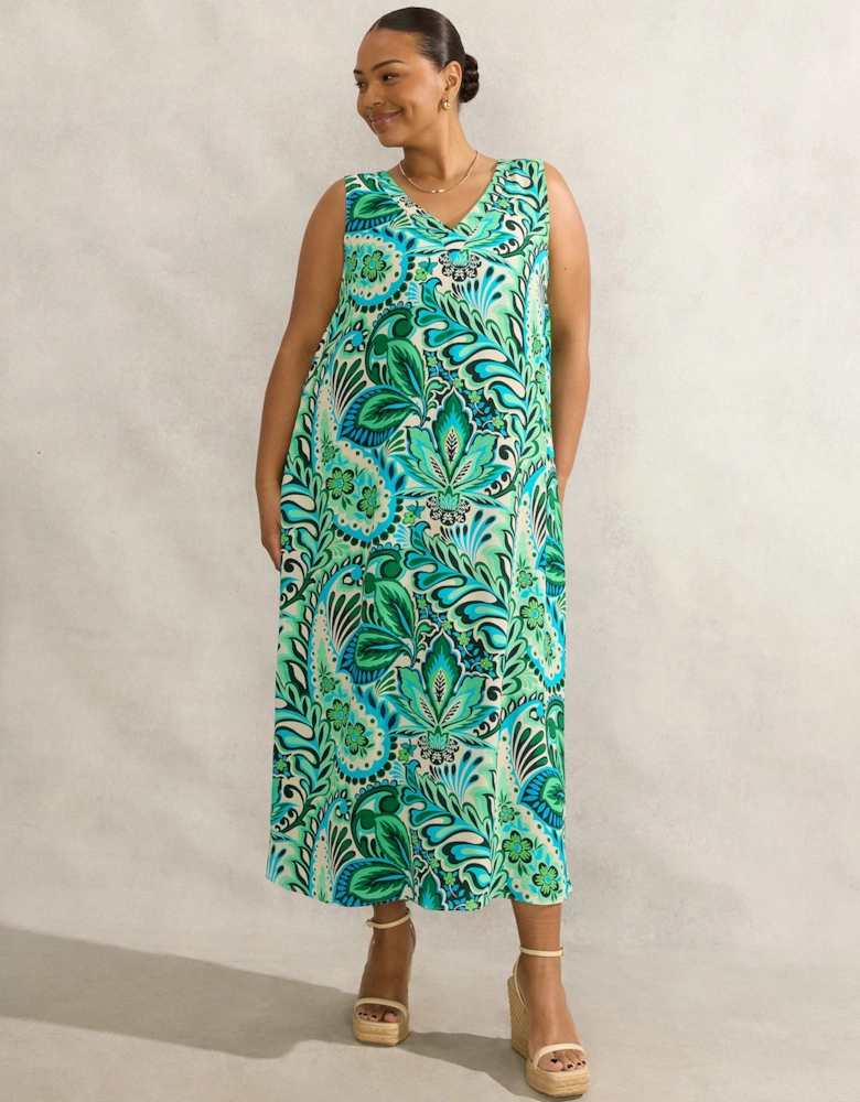 Green Paisley Print Sleeveless Midi Dress