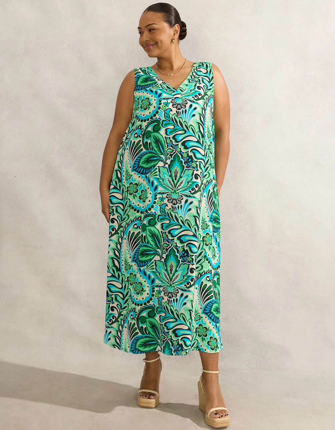 Green Paisley Print Sleeveless Midi Dress