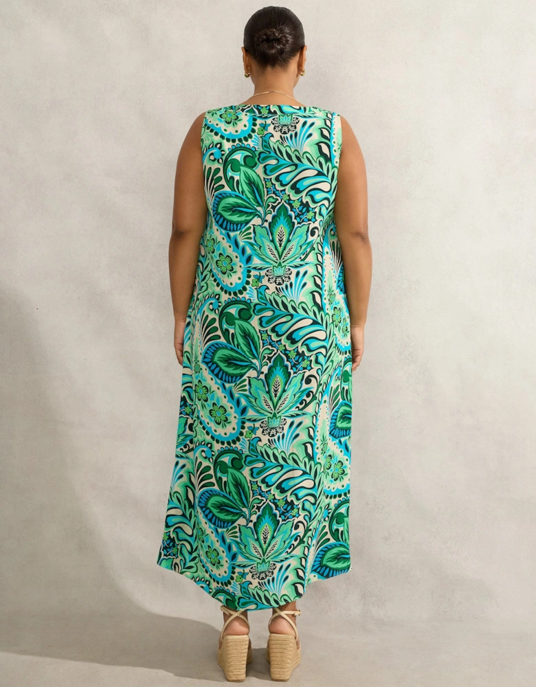 Green Paisley Print Sleeveless Midi Dress