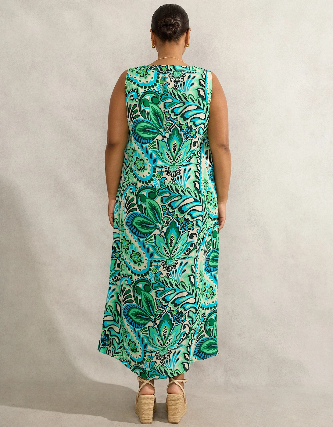 Green Paisley Print Sleeveless Midi Dress