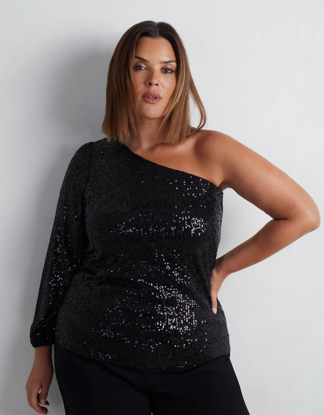 Black Sequin One Shoulder Top