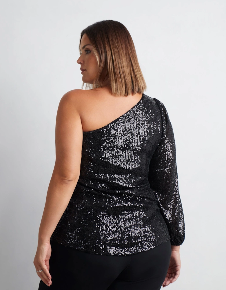 Black Sequin One Shoulder Top