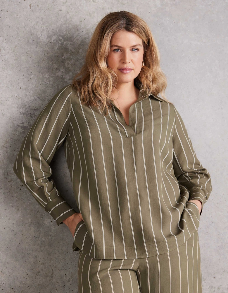 Khaki Striped Long Sleeve Collared Shirt