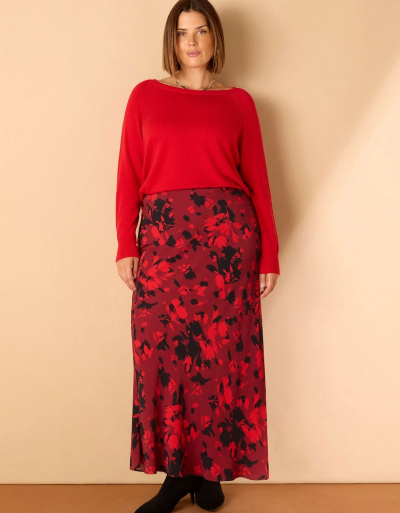 Red Floral Print Bias Cut Midaxi Skirt
