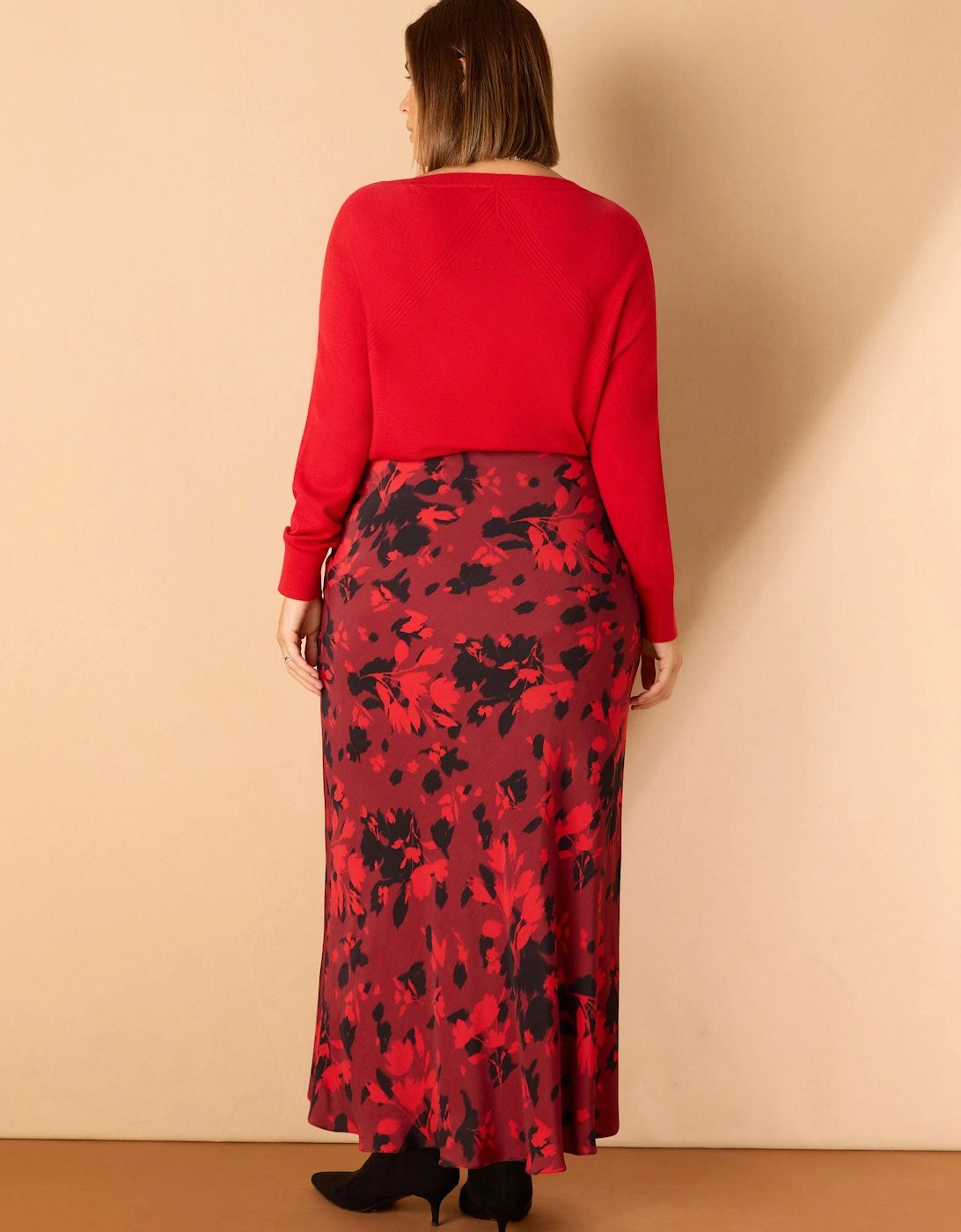 Red Floral Print Bias Cut Midaxi Skirt