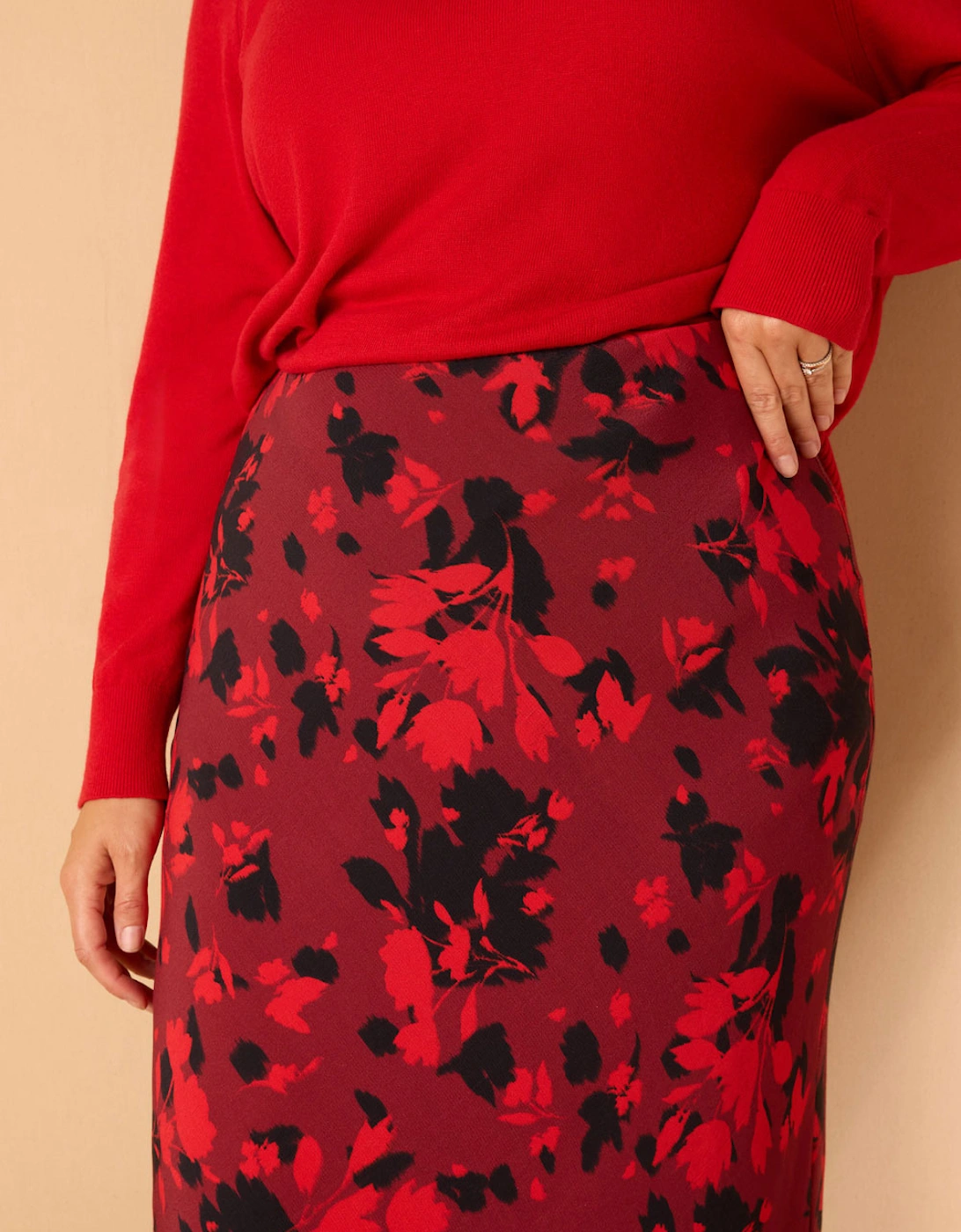 Red Floral Print Bias Cut Midaxi Skirt