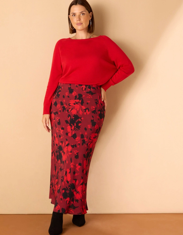 Red Floral Print Bias Cut Midaxi Skirt