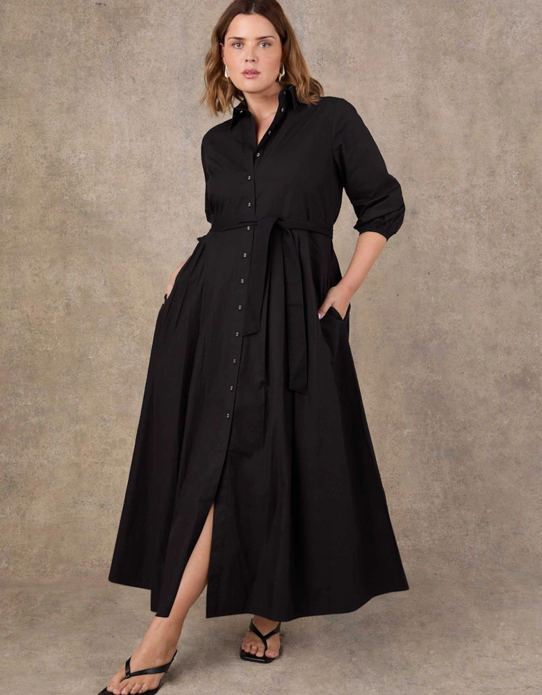 Black Cotton Poplin Shirt Maxi Dress
