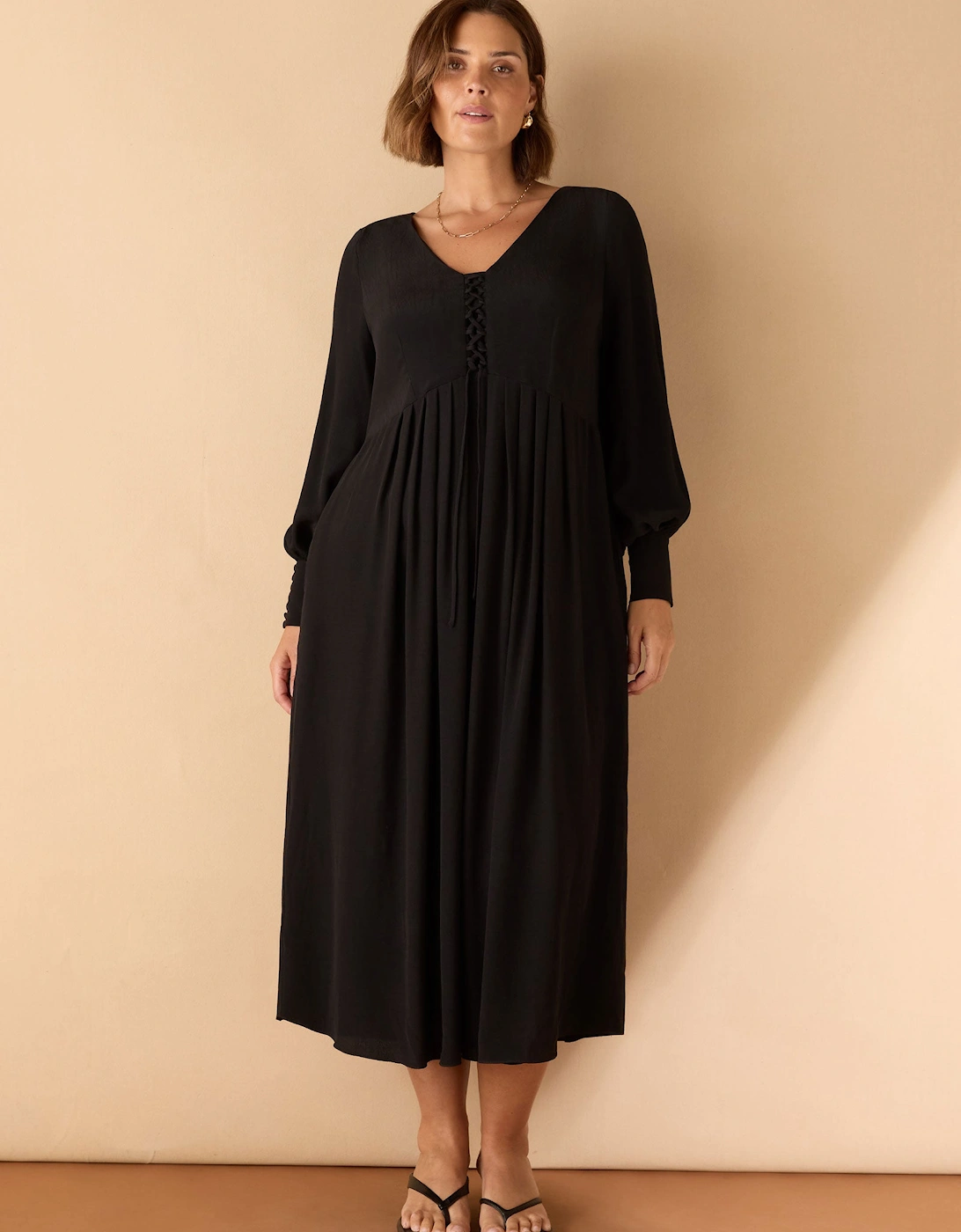 Black Lace Up Blouson Sleeve Midi Dress
