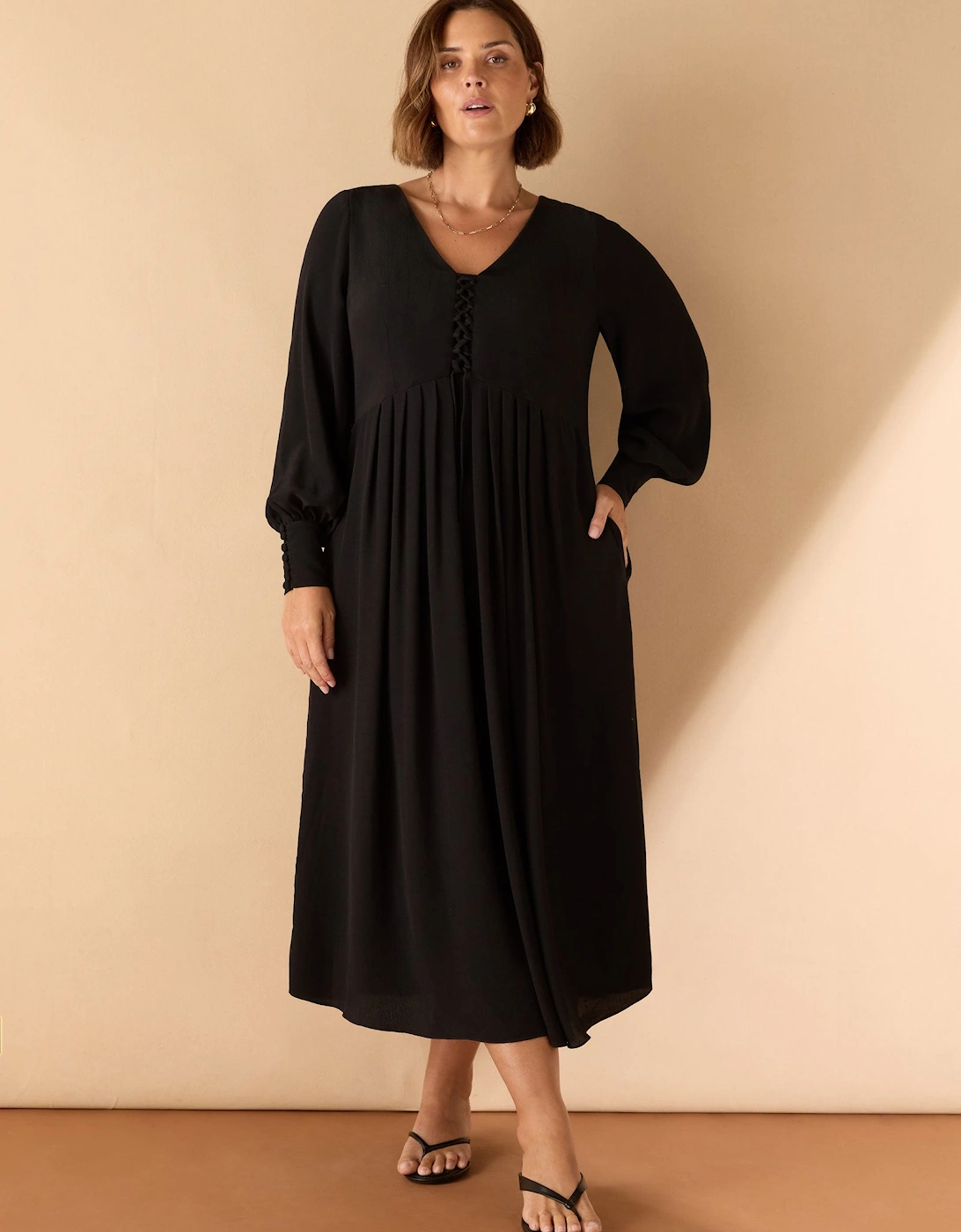 Black Lace Up Blouson Sleeve Midi Dress