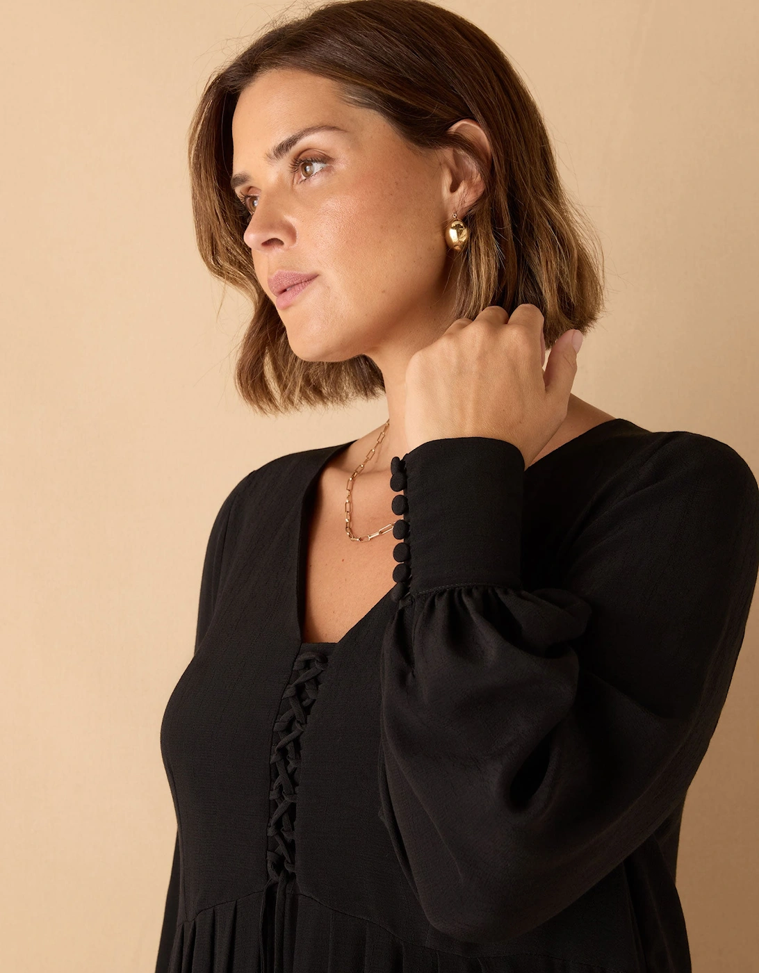 Black Lace Up Blouson Sleeve Midi Dress